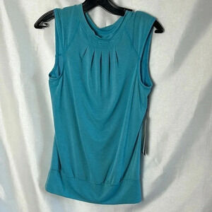 LIJA XS & MED Turquoise tank top ,pleating at collar, long  slanted slit in back